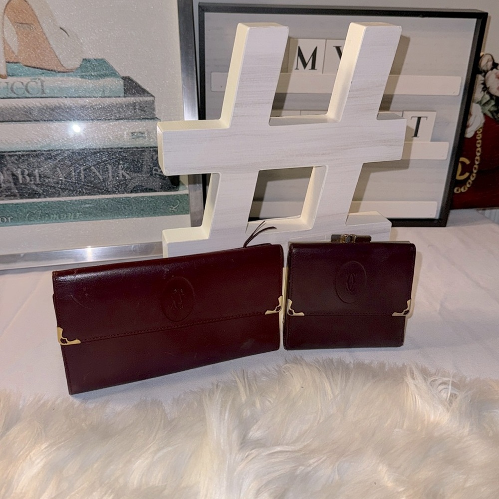 Vintage Cartier Burgundy Red Long & Paris CC Logo Gold Burgundy Wallet set EUC